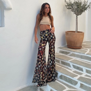Damen Durchsichtige Mesh Schlaghose Hohe Taille Leopard Punkte Streetwear Sexy Weites Bein Hose