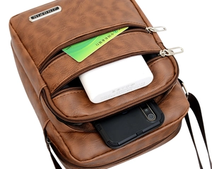 Brown faux leather crossbody bag for men with three zip layers and large capacity