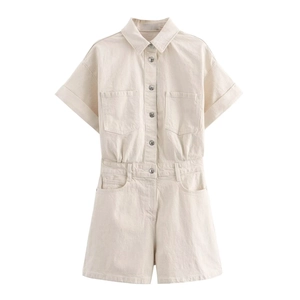 Women's summer short sleeve lapel denim romper in beige with pockets and button front