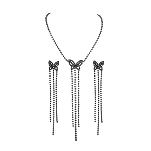 Elegant black butterfly necklace and long tassel earrings jewelry set for women