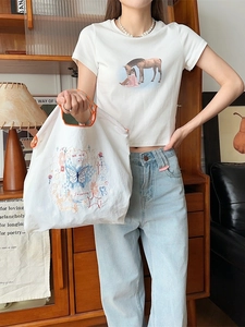 Sac fourre-tout en toile blanche style coréen avec broderie papillon et bordure orange