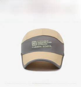Detailed front view of five-panel sport cap with Stockholm print and breathable mesh
