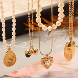 Vintage Stainless Steel Necklace With Freshwater Pearl Gold Plated Geometric Pendant Individual Minimalist Jewelry For Women