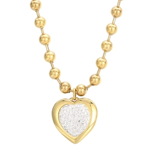 Collier à billes dorées avec pendentif en forme de cœur orné de cristaux brillants