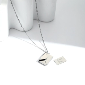 Polished silver envelope locket necklace with Love You message card for women