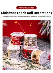 Detailed view of Christmas burlap ribbon roll featuring snowman and holiday tree prints