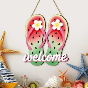 Summer Hanging Wooden Sign Welcome Plaque Beach Flip Flops Popsicle Lemon Mediterranean Style Home Door Wall Decor
