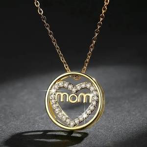Gold Mom necklace with heart-shaped pavé zircon circle pendant for Mother's Day gift