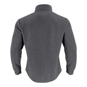 Detailed back view of a dark grey men's sweatshirt featuring waffle texture fabric