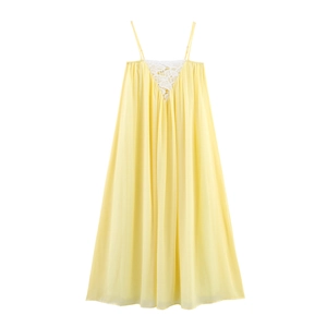 Robe Maxi En Mousseline Bohème À Bretelles Spaghetti Patchwork En Dentelle Col En V Taille Haute Sans Manches Vacances Jaune