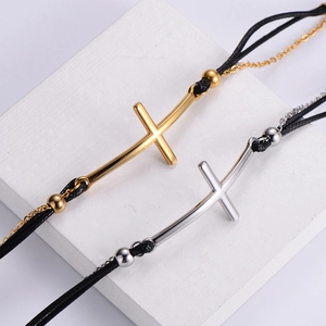 Bracelets croix en acier titane avec cordon noir pour couples, style minimaliste