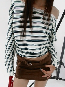 Striped off-shoulder long sleeve top with lace trim and brown mini skirt outfit