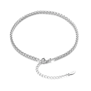 Adjustable silver stainless steel wheat chain anklet with lobster clasp and logo tag