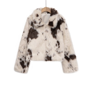 Veste Femme Imprimé Vache Fausse Fourrure Courte Manches Longues Col Revers Élégant Motif Animal Streetwear