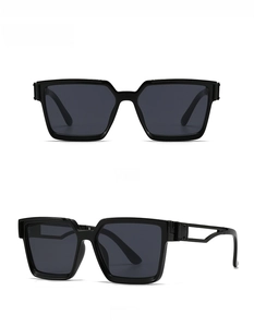 Front and 45-degree side views of classic glossy black thick frame square sunglasses