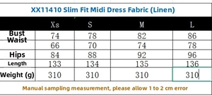 Guide des tailles pour robe midi sans manches en lin avec mesures du XS au L