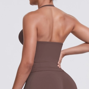 Mocha brown seamless yoga top back view showing high support fit and sculpting fabric