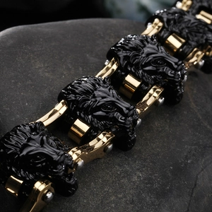 Men's punk lion head bracelet in black and gold stainless steel link chain design