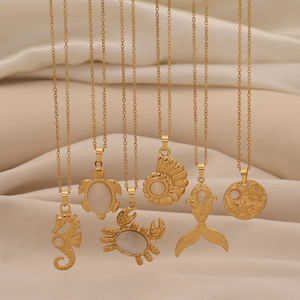 Stainless Steel Ocean Animal Pendant Necklace With White Cat Eye Stone Gold Plated Sea Turtle Seahorse Jewelry For Women