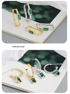 Detailed macro view of S925 sterling silver emerald earrings in gold and silver finish