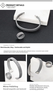 Detailed view of titanium steel mesh cuff bracelet with polished silver finish and texture