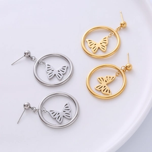 Modern stainless steel hollow butterfly hoop earrings in gold and silver finishes
