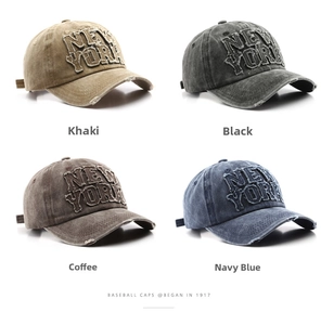 Detailed grid of distressed cotton baseball caps with New York 3D embroidery in 4 colors