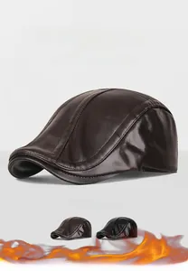 Detailed view of thermal PU leather ivy cap with earflaps and soft fleece lining