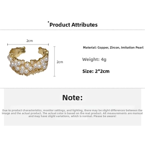 Detail of 18k gold plated open ring with pearls and zircon, size 2x2cm, weight 4g