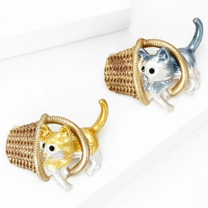 Cute enamel cat in basket alloy brooches with rhinestone eyes on white display stand