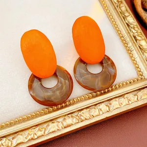 Minimalist geometric resin wood earrings with orange oval and marble rings for women