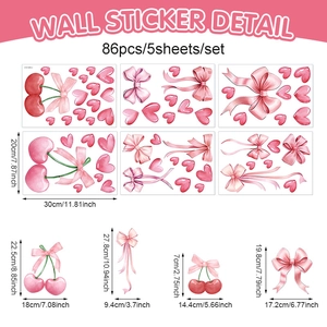 Detailed size specifications for pink cherry and bow wall sticker set, 86 pieces across 5 sheets