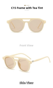 Front and side view of oversized beige double-bridge sunglasses with light brown lenses