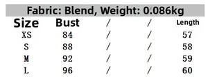 Detailed size chart for contrast trim top with bust and length in centimeters