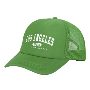 Green Los Angeles USA printed trucker hat with breathable mesh and adjustable back strap