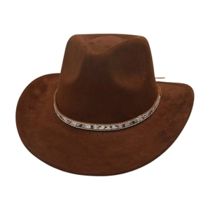 Chapeau de cowboy marron foncé en suédine avec ruban serpent et accents de strass