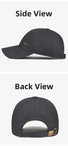 Detail view of dark gray sports cap with metal logo plate and adjustable back buckle