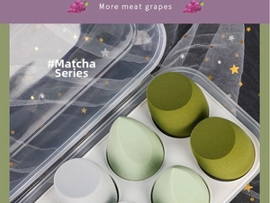 Detail of 6-piece matcha green makeup sponge set in a transparent storage box