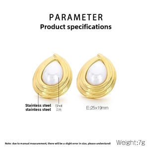 Detailed view of 25x19mm gold stainless steel drop earrings with white shell inlay