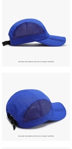 Detail of breathable mesh fabric on dark blue quick-dry sports cap for ventilation