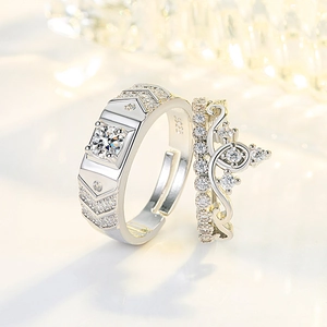 Elegant S925 sterling silver couple ring set featuring crown and square zircon designs