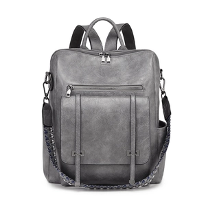 Retro grey large capacity PU leather backpack for women with decorative woven strap
