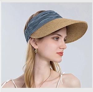 Detail of woven straw wide brim and cyan silk fabric headband on sun visor hat