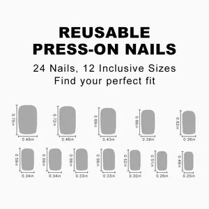 Size chart showing 24 reusable press-on nails with 12 precise dimensions in inches