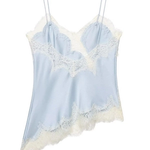 Light blue satin camisole top with white eyelash lace trim and asymmetrical hem design