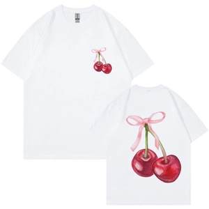 T-Shirt En Coton Col Rond Manches Courtes Imprimé Nœud Cerise Aquarelle Décontracté Coupe Ample Haut Hommes Femmes