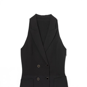 Women's black sleeveless double-breasted blazer dress with gold-trimmed buttons