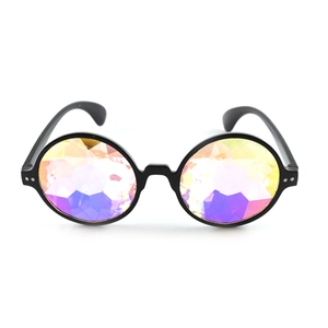 Close-up of kaleidoscopic rainbow lenses with multi-faceted cut and matte black circular frames