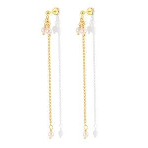 Detail of s925 silver long gold tassel earrings featuring layered white pearls on chain