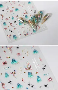Detailed macro view of L-313 embossed Phoenix and Chinese landscape nail art stickers